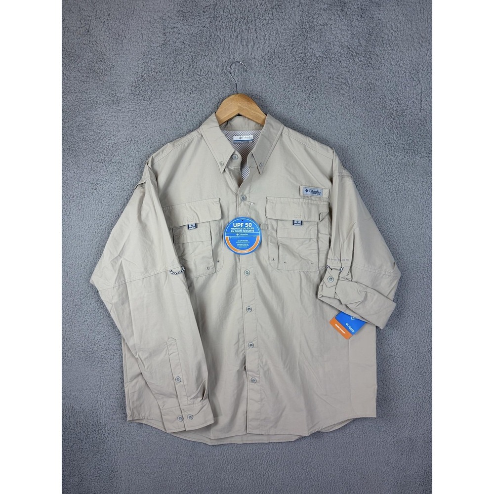Columbia PFG Bahama II Shirt Mens M Beige Long Sleeve Fishing UPF 50 Omni Shade